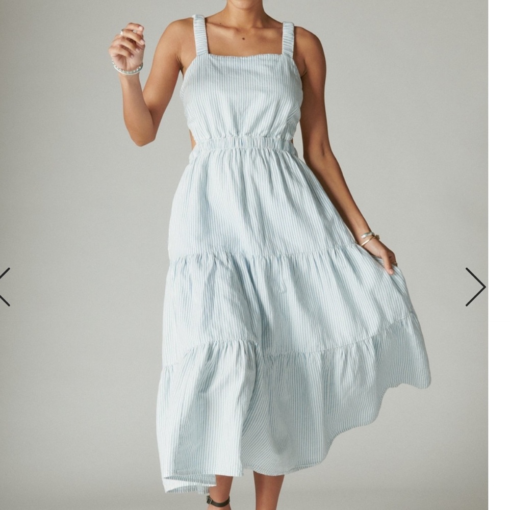 Lucky Brand Women's Linen Stripe Midi Dress
Large Blue White Open Back NWT L